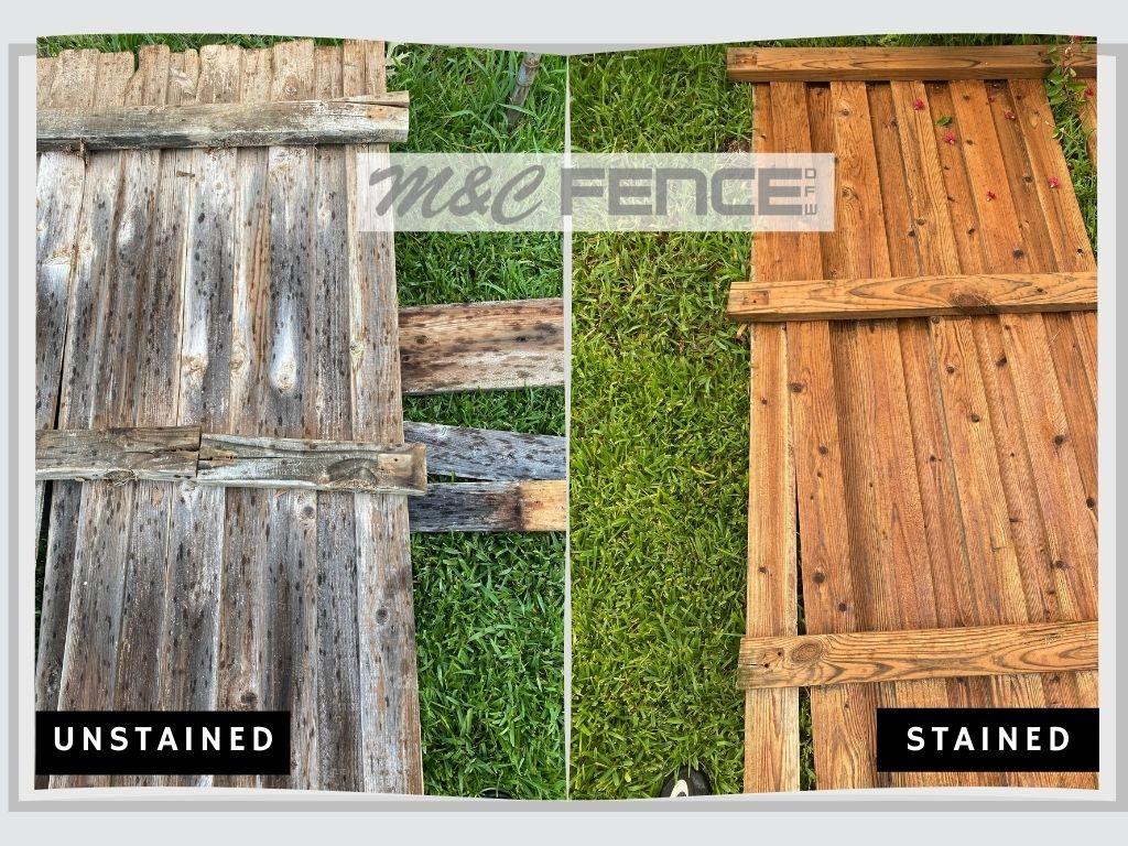 image of stained vs unstained wood fence repair