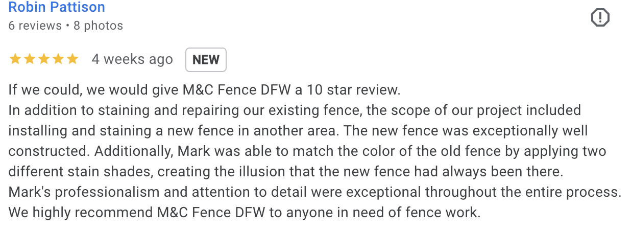 A written customer review for M&C Fence DFW praises the company for professionalism, attention to detail, and helpful advice on which wood is best for a fence, recommending their staining and installation services with high satisfaction.