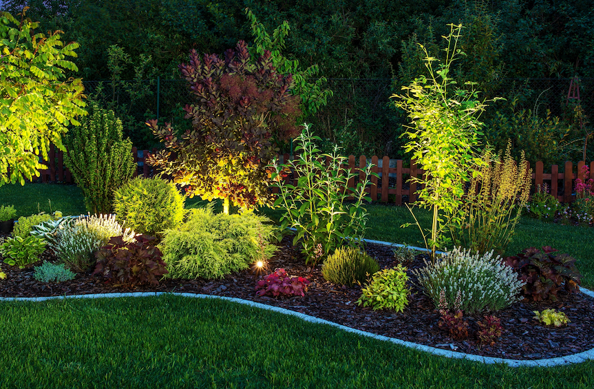 A landscaped garden at dusk with various shrubs and plants arranged in a curved mulched bed, illuminated by ground lights; a grassy lawn and wood fence in the background complete this enhancing outdoor scene.