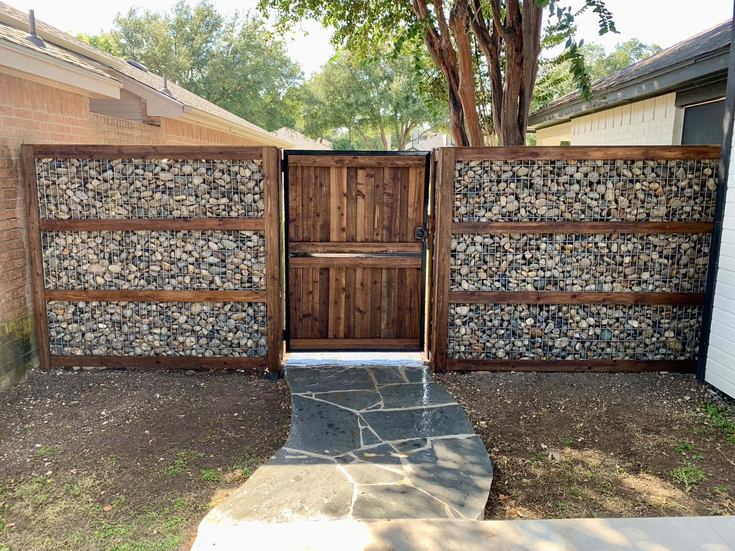 custom wood and stone Gabion fence in Cedar Hill, Texas by M&C Fence DFW