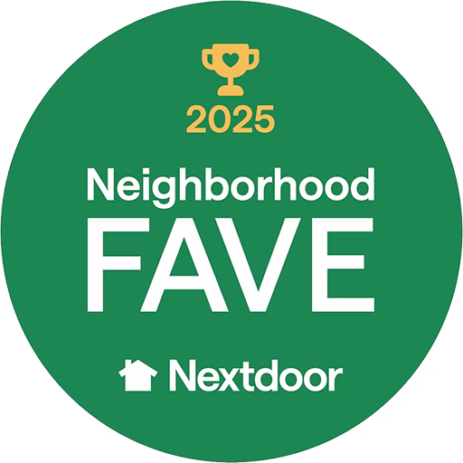 A green circular badge with a gold trophy icon and the year 2025 above the words Neighborhood FAVE in large white letters. The Nextdoor logo appears at the bottom.