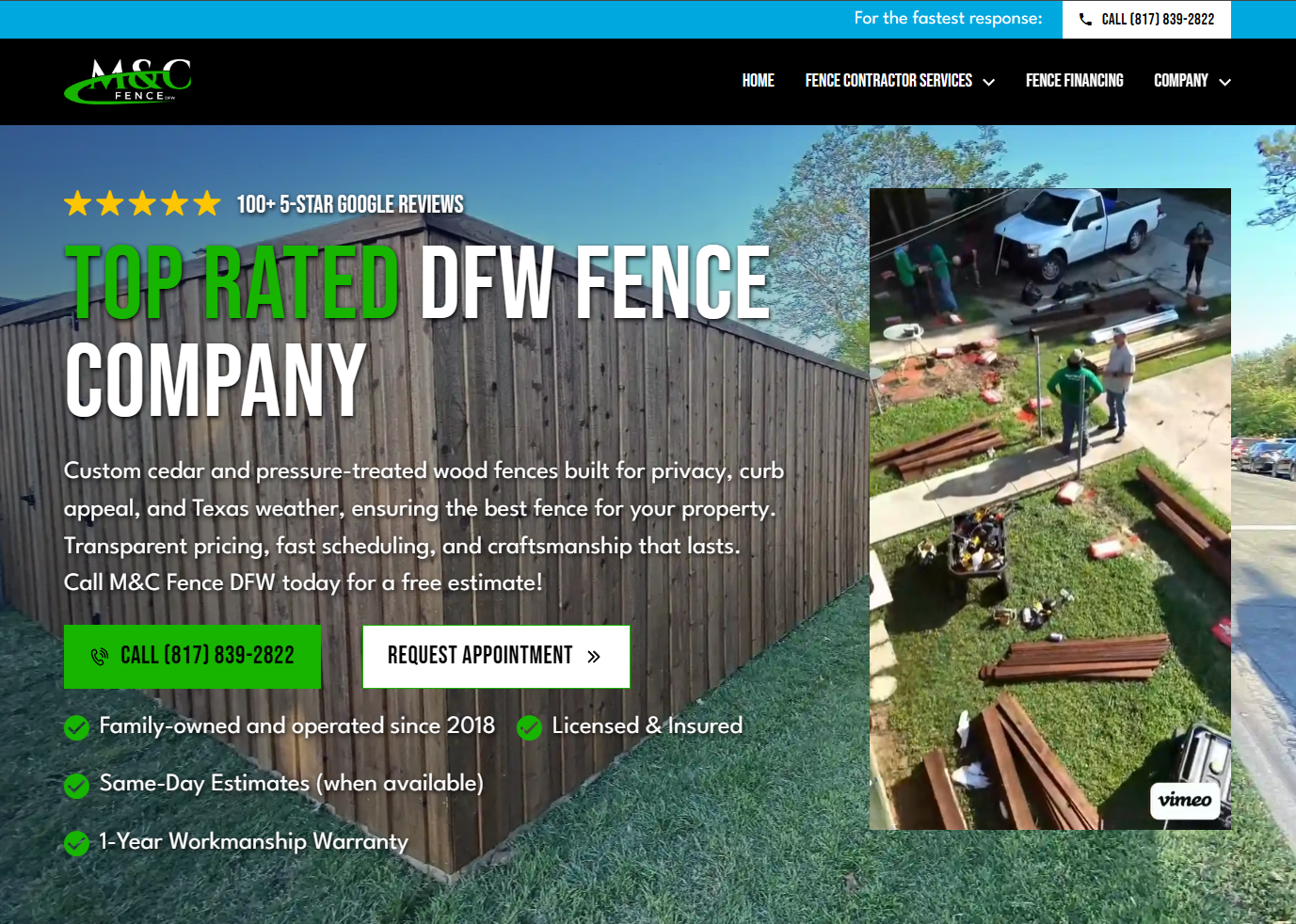 Screenshot of the best fence company Dallas website showcasing service details, contact buttons, and an overhead view of workers installing a wooden fence in a backyard with tools and materials spread out.